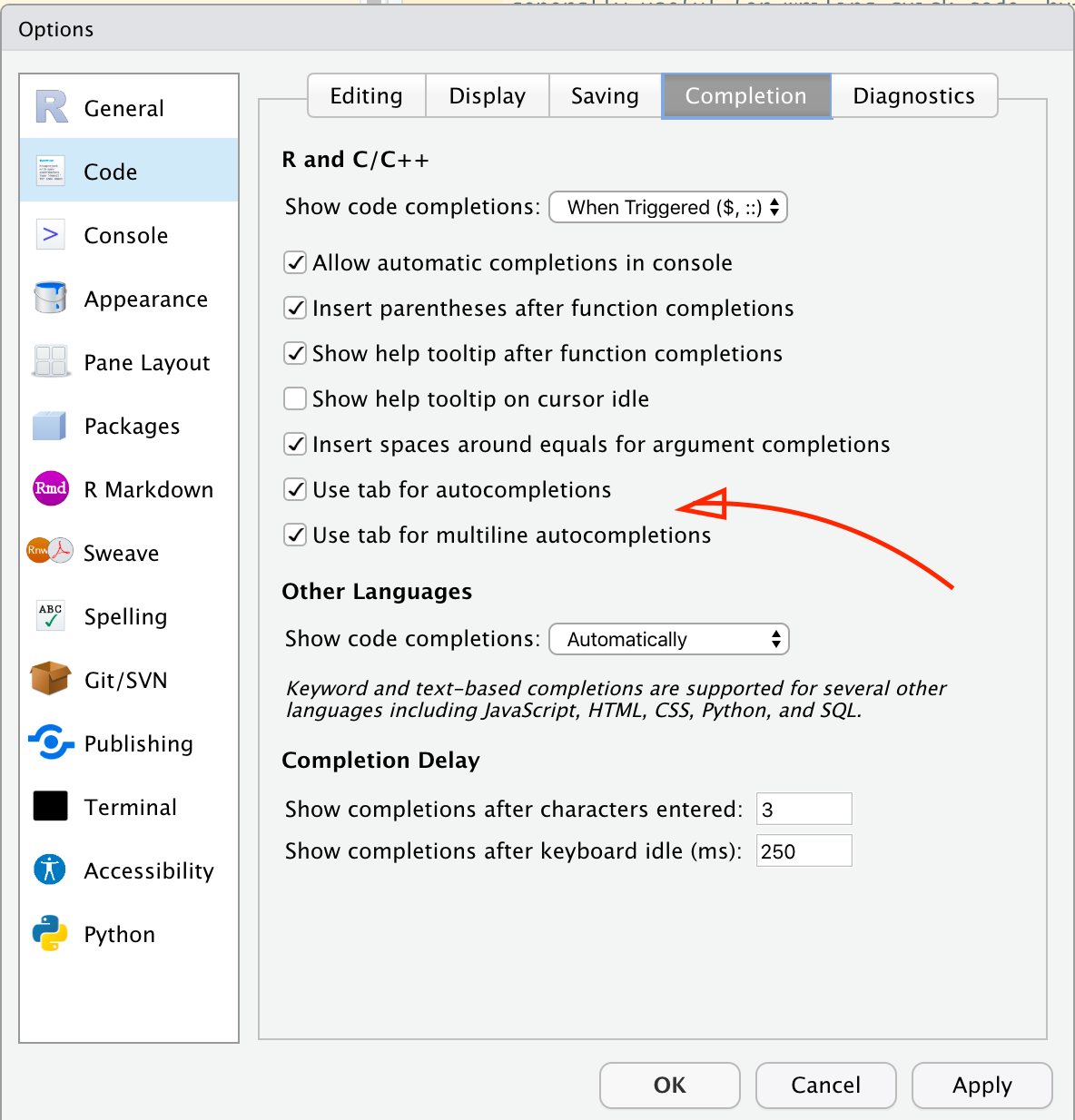 The RStudio preferences for turning on autocompletion